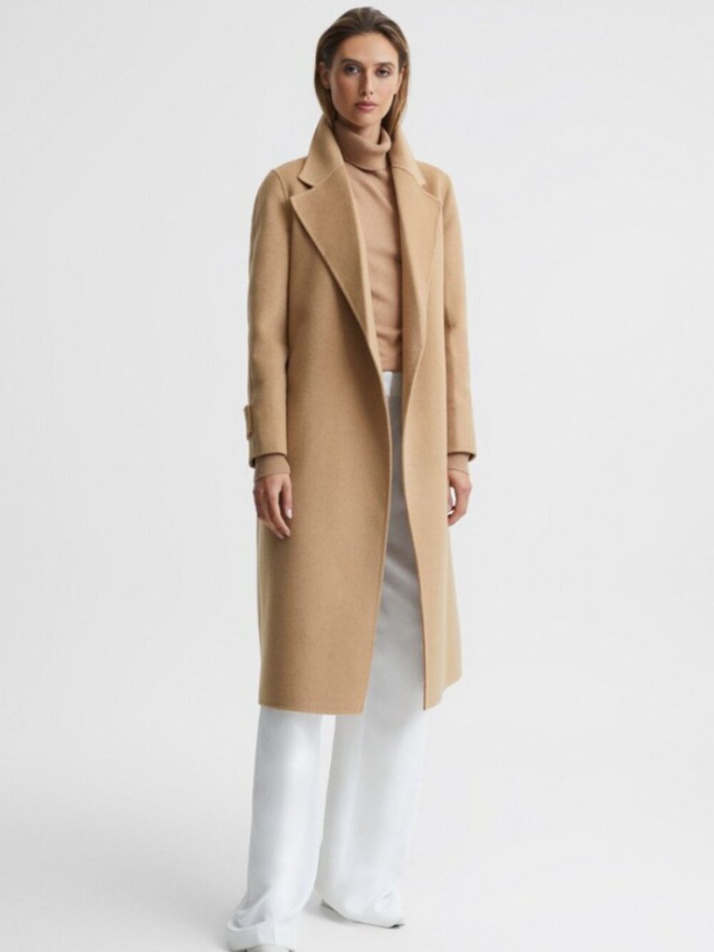 Reiss Agnes Belted Blindseam Wool Longline Coat in Camel Size 0